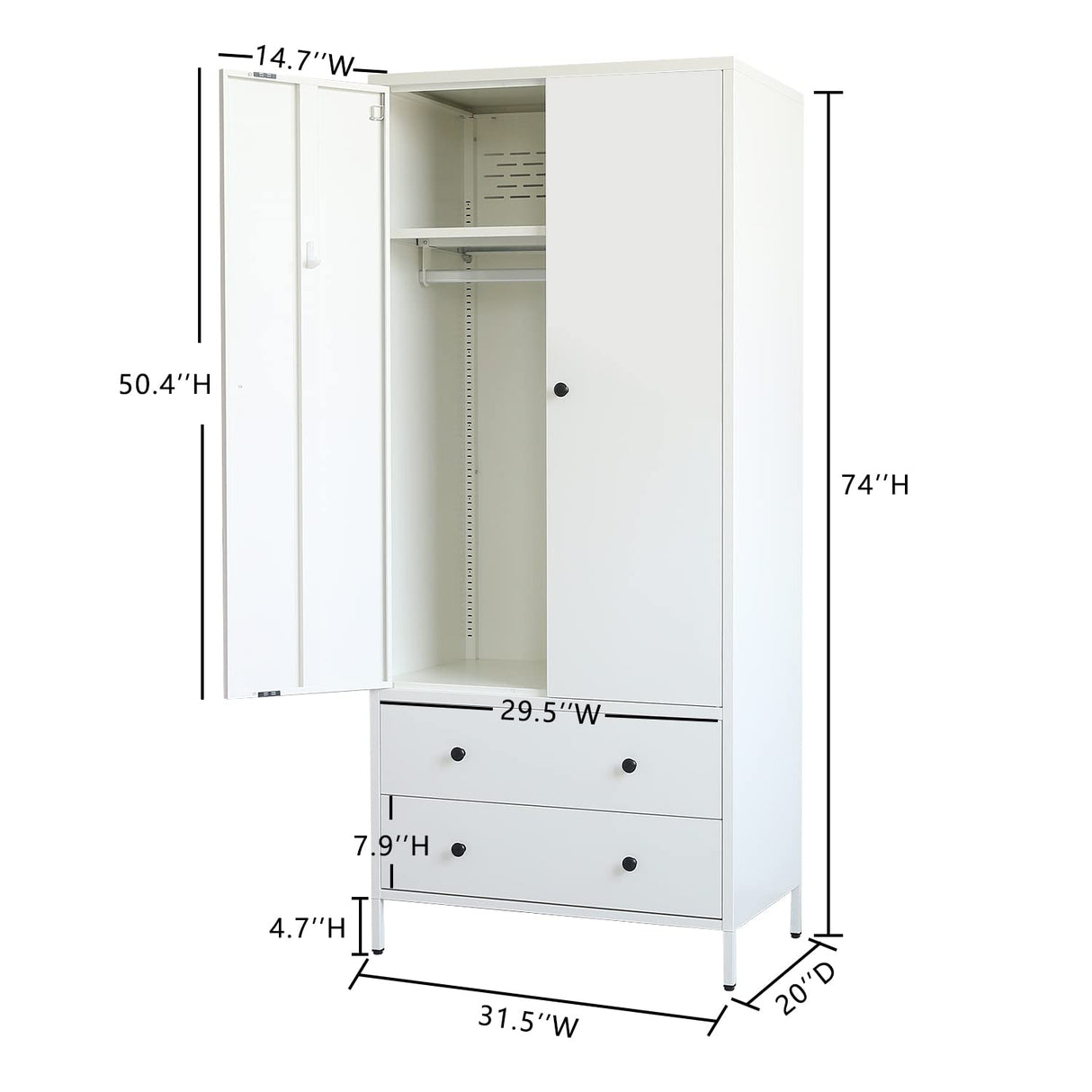 BESFUR Metal Wardrobe Cabinet with Hanging Rod, 74" H White Armoire Wardrobe Closet with Adjustable Shelves Farmhouse Metal Clothing Storage Cabinets for Bedroom,Office,Laundry Room BESFUR