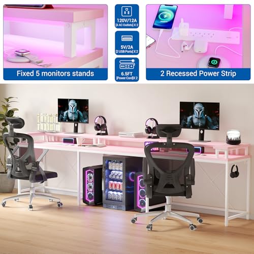 Loumernhant U Shaped Gaming Desk, 79" Reversible U Shaped Desk with Power Outlets, LED Lights, Monitor Stand & Storage Shelves, Corner Office Desk for Home Office, Gaming, Workstation (Pink) Loumernhant