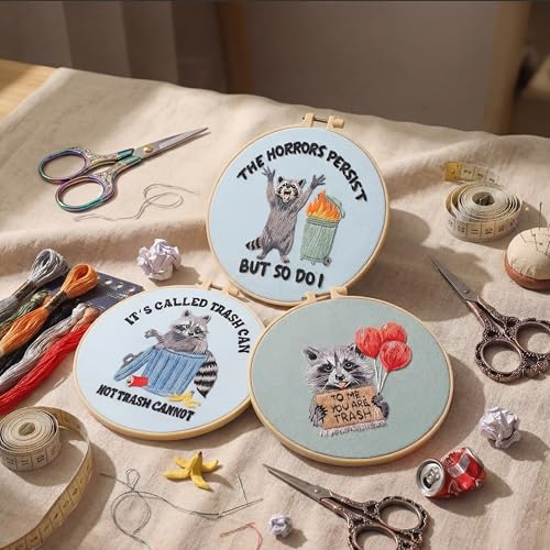Mindsoft 3 Sets Raccoon Embroidery Kit with Embroidery Hoop Easy Pattern Needlepoint Kit for Beginners and Adults Hand Crafts Needlepoint Set with Needles Thread and Instruction