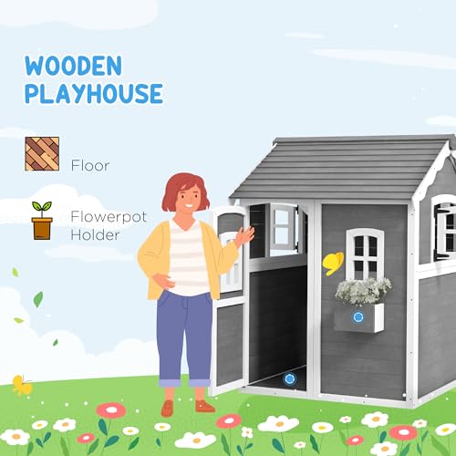Outsunny Playhouse for Kids Outdoor, Wooden Playhouse with Floors, Doors, Windows, Planter Box, for 3-8 Years Old, Backyard, Lawn, Garden, Gray Outsunny