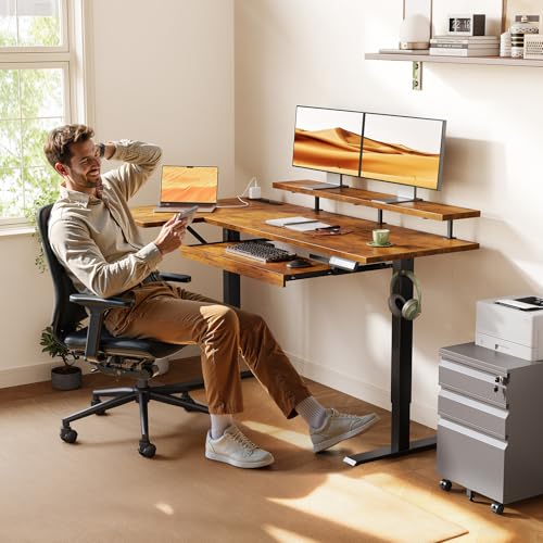 OffiGo 55 Inch L Shaped Electric Standing Desk with Keyboard Tray, Reversible Height Adjustable Corner Computer Desk with Monitor Stand, Sit Stand Up Lift Table for Home, Office, Rustic Brown OffiGo