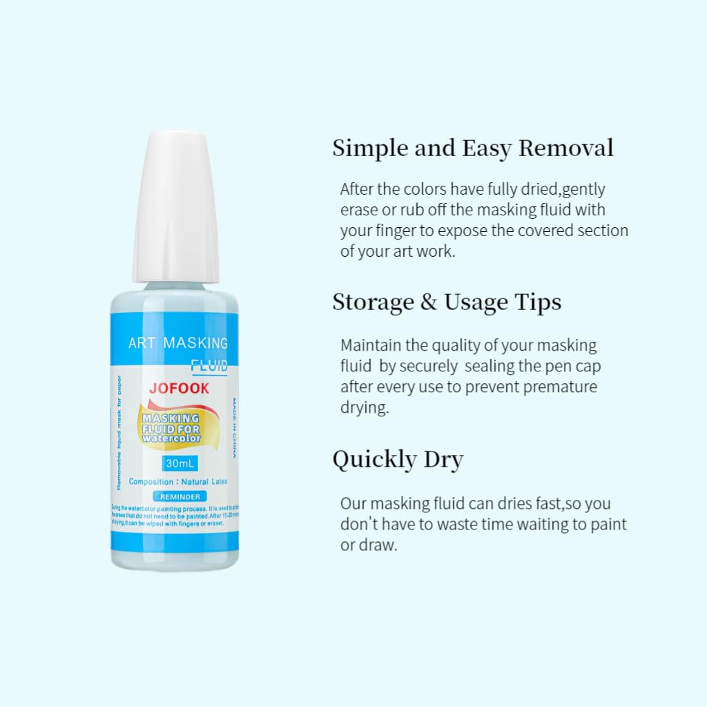 JOFOOK Easy Peel Art Masking Fluid For Watercolor Painting - 30ml(1.01-oz) Liquid Masking Fluid Pen For Ink - Watercolor - Gouache Painting & Illustration,Drawing Gum Professional Medium JOFOOK