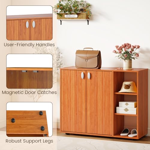 Giantex Wood Shoe Cabinet with Doors, Freestanding Shoe Rack Cabinet with 3-Level Adjustable Open Shelves, Modern Wooden Shoe Storage Cabinet for Entryway, Hallway, Closet, Living Room (Natural) Giantex