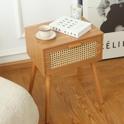 AWASEN Mid Century Nightstand, Rattan Side Table with Drawer, Modern Bedside Table with Storage and Solid Wood Legs for Living Room, Bedroom and Small Space (Brown) AWASEN