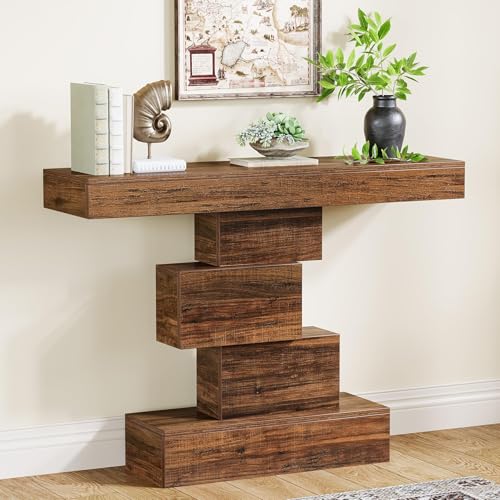 Tribesigns 42.5" Farmhouse Console Table, Narrow Wood Sofa Table Behind Couch with Geometric Base, Industrial Entryway Accent Table for Living Room, Hallway, Entrance (Rustic Brown) Tribesigns