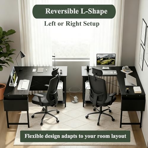 Sagenest L Shaped Desk, 50 Inch Reversible Computer Desk Corner Gaming Table with CPU Stand & Storage Bag, Sturdy Metal Frame PC Workstation for Home Office SageNest