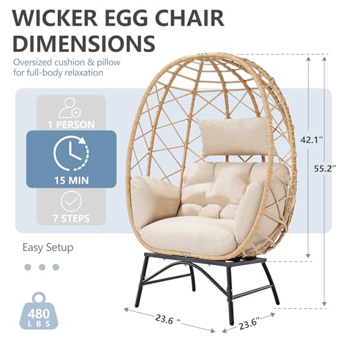 SWITTE Wicker Egg Chair Outdoor, Oversized Patio Lounge Chairs with Cushion for Indoor Living Room, Bedroom, Outside Backyard Balcony-Beige SWITTE