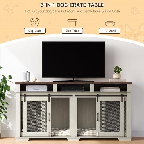 71'' Double Dog Crate Furniture – Furniture-Style Kennel with Removable Divider, Sliding Barn Door & 3 Drawers | Doubles As a TV Stand, Ideal for Large Dogs or 2 Medium Breeds (White + Walnut Finish) Loumernhant