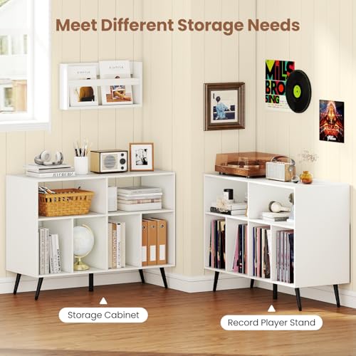 Giantex Large Record Player Stand with Charging Station, Turntable Stand Holds Up to 300 Albums, Record Player Table with Raised Leg, Vinyl Record Storage for Living Room (White) Giantex