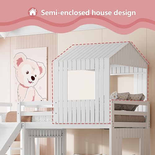 Harper & Bright Designs House Floor Bunk Beds with Slide, Wooden Twin Over Full Bunk Beds with Slide, Roof and Guard Rail for Kids, Teens, No Box Spring Needed (White, Twin Over Full Size) Harper & Bright Designs