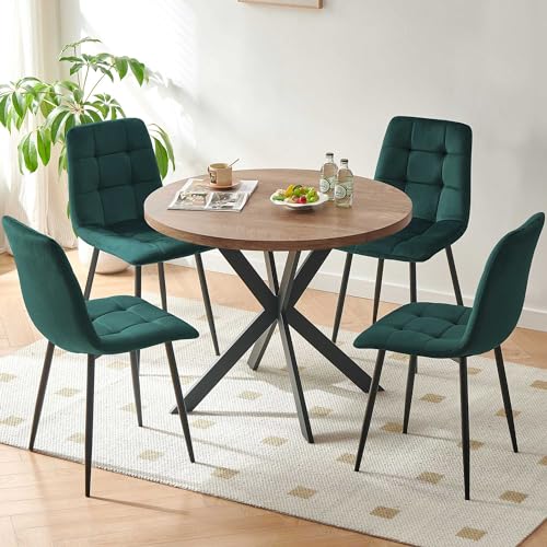 Homedot 37" Round Table Set for 4 Person, Modern Kitchen Table Set, Imitation Wood Dining Table with Space Saving Dining Chairs, Dark Green Velvet Side Chairs Homedot
