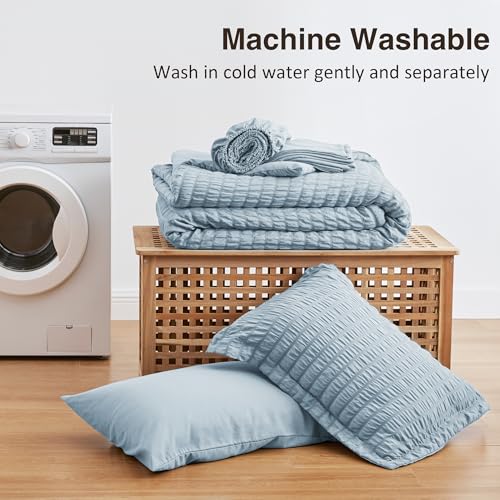Love's cabin Seersucker Light Blue Twin Comforter Set, 5-Piece All Season Lightweight Bed in a Bag Bedding Set with Comforter, Flat Sheet, Fitted Sheet, Pillowcase and Sham Love's cabin