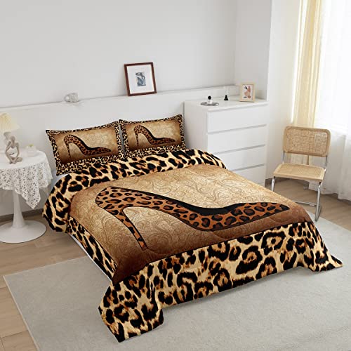 Leopard High Heels Comforter Set King Size Romantic Mandala Floral Bedding Set 3pcs for Kids Girls Women Adult Room Decor Wild Animals Skin Quilt Set Fashion Brown Duvet Insert,2 Pillowcases Castle Fairy