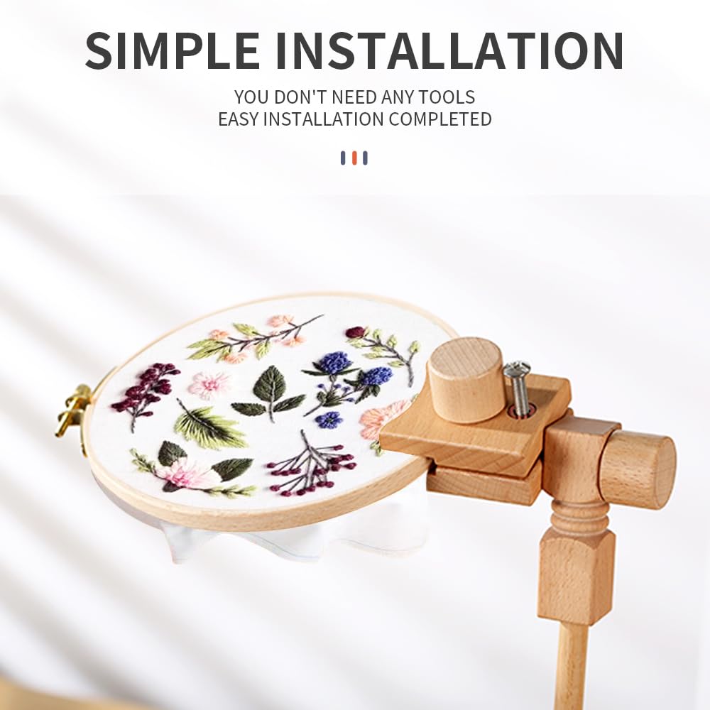 Sherbo Adjustable Embroidery Hoop Stand with 2PCS 6'' 7''Hoops, Rotated Beech Wood Cross Stitch Frame, Hands-Free Needlework Stand, Solid Hand-Polished Natural Wood Holder for Sewing Projects. S SHERBO
