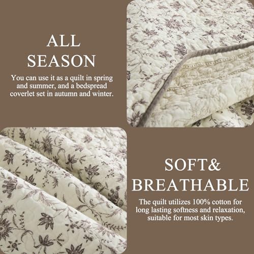 DDUOXIN 3 Piece Queen Quilt Set - 100% Cotton Soft Farmhouse Queen Quilt with 2 Pillow Shams, Botanical Style Floral Print Bedspread Lightweight Comforter Bedding Set, Purple Brown/Beige, Queen DDUOXIN