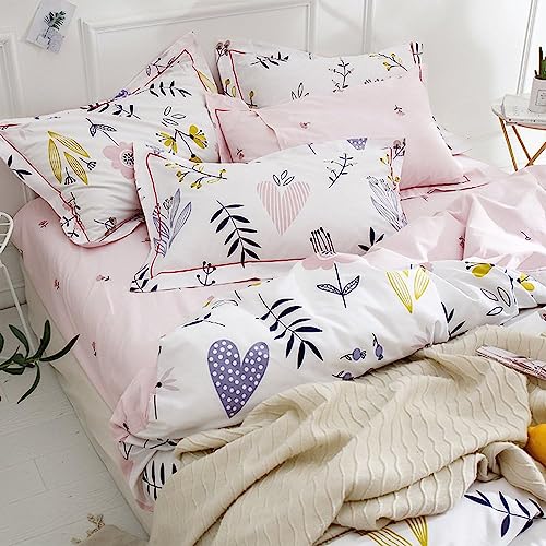 Pink Floral Fitted Sheet Cotton Flower Print Bedding Sheet Queen Cooling Soft Kids Girls Fitted Sheet Deep Pocket Single Bed Sheet Lightweight Cotton Floral Bedding Mattress Cover (NO Pillowcases) LifeTB