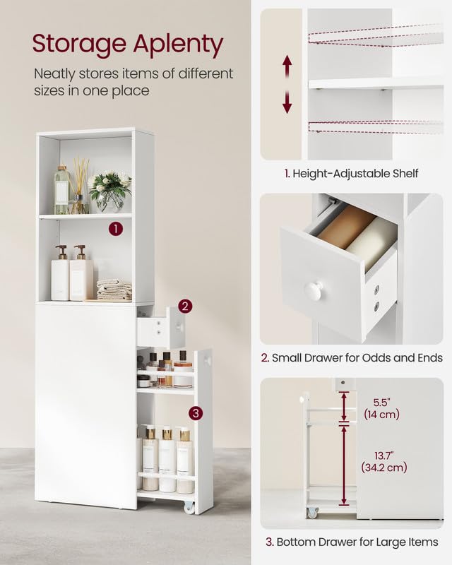 VASAGLE Slim Storage Cabinet, Narrow Freestanding Cabinet with Drawers and Adjustable Shelf, Modern Linen Tower for Living Room Bathroom Bedroom, White UBBK567T14 VASAGLE