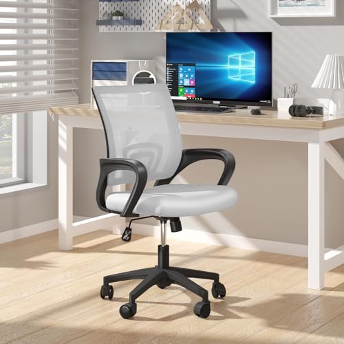 OS MOTOR Home Office Chair, Ergonomic Mid-Back Mesh Desk Chair with Lumbar Support, Adjustable Swivel Rolling Design, Comfy Armrest for Work, Study, Gaming, Vanity (White, Single Chair) OS MOTOR