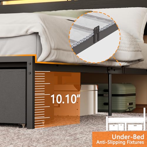 Forestell Queen Bed Frame with Wood Headboard, Black Platform Bed with 2 Storage Drawers & Shelf, Built-in Charging Station & LED Lights, Metal Support, No Box Spring Needed, Cama Queen Size Forestell