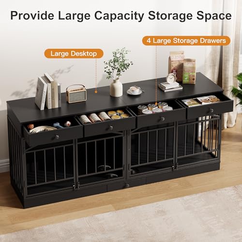 GarveeHome Dog Crate Furniture for 2 Dogs, Dog Kennel Indoor with 4 Storage Drawers and Feeding Bowls, Double Dog Crate TV Stand for Small Medium Dogs, Black GarveeHome