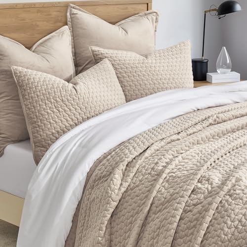 EVERGRACE Luxury Velvet Quilt Set King Size 3 Piece, Soft Cross-Stitch Velvet Comforter Set with Pillow Shams, Lightweight Coverlet Bedspread Bedding Set for All Seasons, Light Taupe EVERGRACEHOME