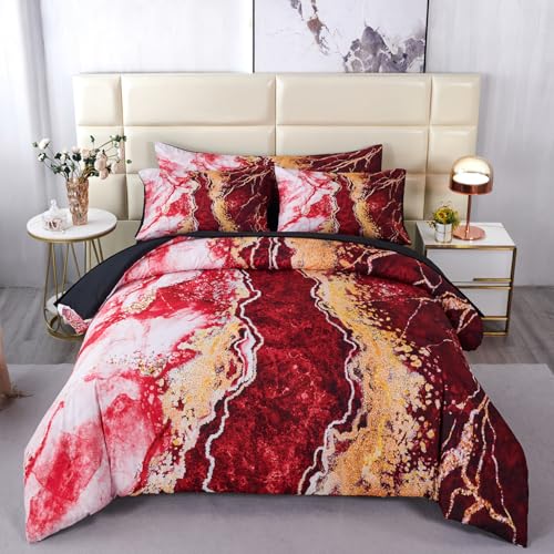 PERFEMET 6-Piece Marble Queen Comforter Red and Gold Bed in A Bag Set Abstract Burning Mountain Marble Bed Comforter Set Soft Luxury Retro Artwork Tie Dye Bed Set(Red, Queen) PERFEMET