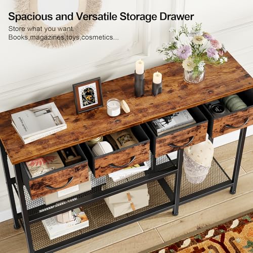 Furnulem Entryway Table 47'' Sofa Console Table with 4 Fabric Drawers, Industrial Entry Way Shoe Rack with Metal Mesh Shelf for Front Door, Foyer Wooden Top, Sturdy Metal Frame, Rustic Brown Furnulem