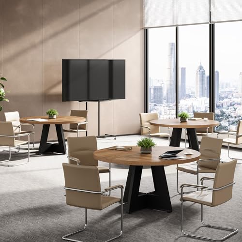 Tribesigns 47-Inch Round Conference Table for 4-6 People, Wooden Meeting Room Table with Thicken Tabletop and Wood Base (Brown+Black) Tribesigns