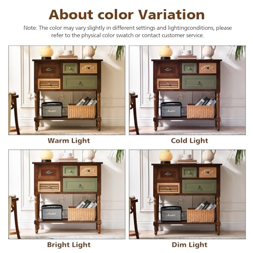 Ahokua Vintage Accent Cabinet with 5 Drawers and Open Shelf, Multi-Tone Console Table with Turned Wood Legs, Mid-Century Entryway Table for Hallway or Living Room Ahokua