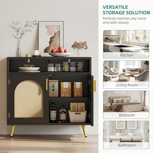 DWVO Buffet Sideboard Cabinet, Rattan Accent Storage Cabinet with Natural Rattan Doors, Modern Coffee Bar Cabinet with Adjustable Shelves 200 lbs Capacity for Kitchen, Living Room and Hallway, Black DWVO