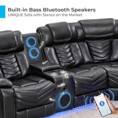 Comfort Stretch Power Recliner Sectional Sofa Couches with Bass Speakers for Living Room, Faux Leather Reclining Corner Sectionals Sofa Couch Sets with LED Light, Electric Theater Recliners Home,Black