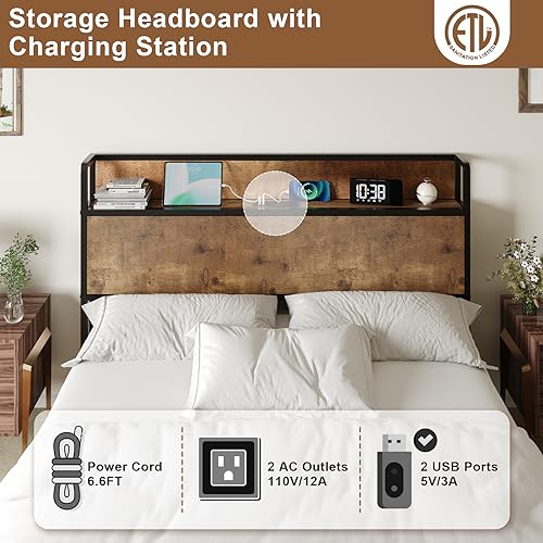 AMERLIFE Queen Size Lift Up Storage Bed Frame with Charging Station in Rustic Brown AMERLIFE