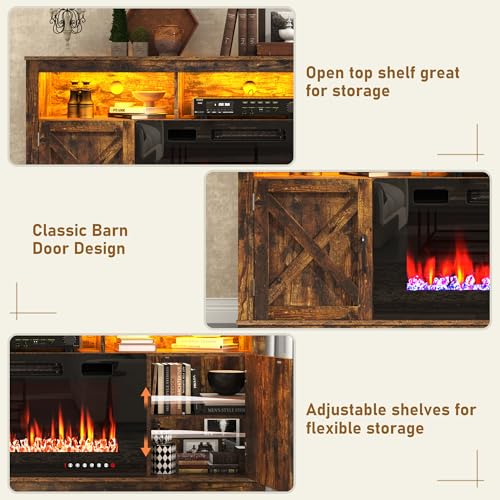 Farmhouse Fireplace TV Stand for 70/75/80 Inch TV, 32”Tall Entertainment Center w/ 36”Electric Fireplace & LED Light, 70”Media Console w/Barn Door Cabinet for Living Room, Rustic Brown jiteentarou