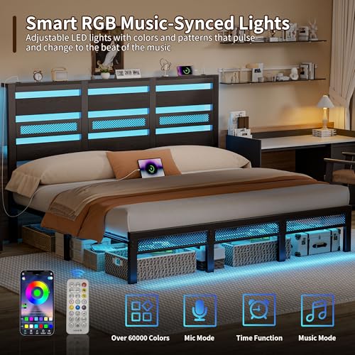 Arviano Home King Size Bed Frame with Storage Headboard, Rustic Industrial Metal Platform Bed Frame with LED Lights and Charging Station, Under Bed Storage, Noise-Free/No Box Spring Needed, Black Arviano Home