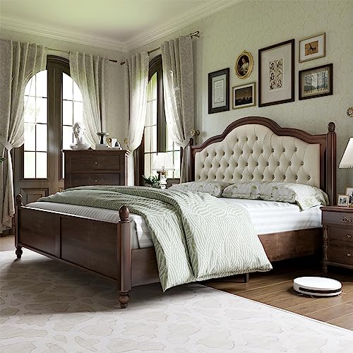 AMERLIFE King Size Solid Wood Bed Frame, Transitional Platform Bed with 52.5" Upholstered Tufted Headboard, Rubberwood/Roman Column Accents/Wood Slat Support/No Box Spring Needed AMERLIFE