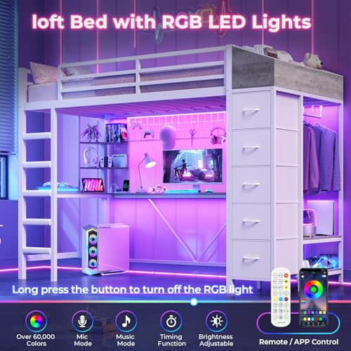 Loft Bed with L-Shaped Desk, LED Lights, Charging Station, Metal Loft Bed Frame with 5 Storage Drawers and Hall Tree, Twin Size Bed for Kids with Ladder and Safety Guard, No Box Spring Needed, White MSmask