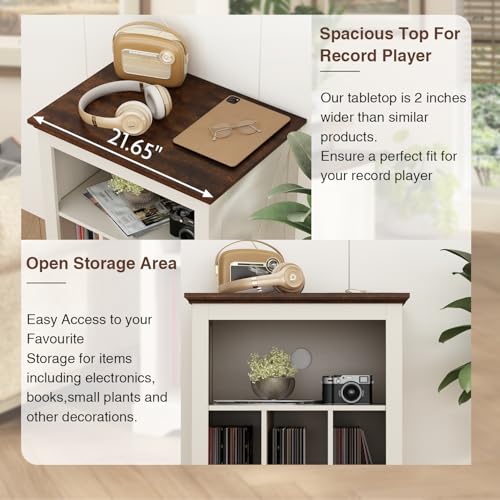 RowyPoey Farmhouse Record Player Stand, 3 Tier End Table, Turntable Stand with Vinyl Record Storage, Wood Record Holder Cabinet Dispaly Shelf for Living Room,Bedroom,Office,Antique White RowyPoey