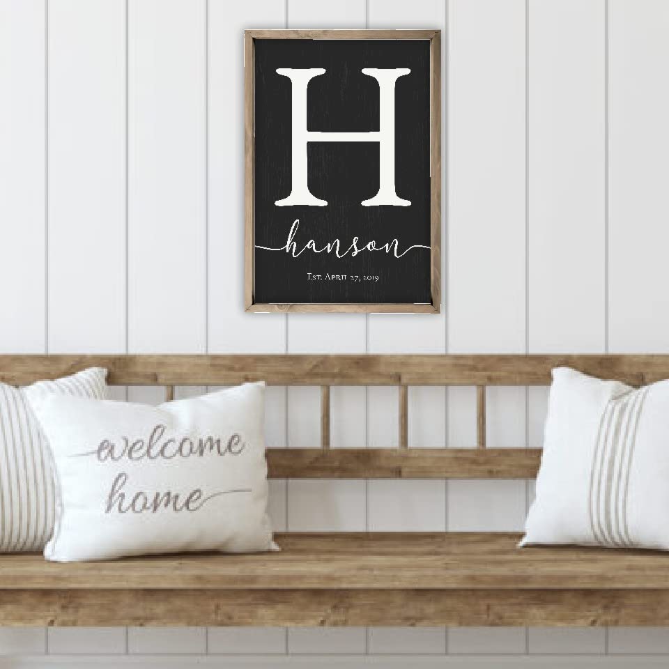 Framed Wooden Family Name Sign Personalized Wood Monogram Choose from Four Sizes (12" x 18", Weathered Grey Frame, Black Background) MRC Wood Products