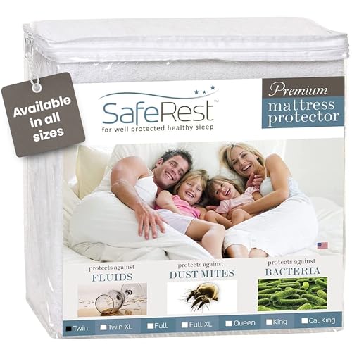 SafeRest Waterproof Twin Size Mattress Protector - Fitted with Stretchable Pockets - Machine Washable Cotton Blend Mattress Cover for Bed SafeRest