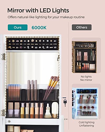 SONGMICS Mirror Jewelry Cabinet Standing Armoire Organizer, Jewelry Storage with Full-Length Frameless LED Lights, Built-in Makeup Mirror, 2 Drawers, Lockable, White UJJC023W01 SONGMICS