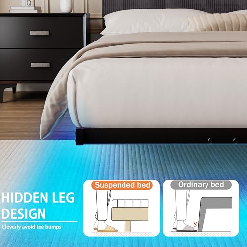 HOMERECOMMEND Floating Full Size Bed Frame,Full Bed Frame with Storage Headboard with Charging Station,Corduroy Upholstered Platform Bed with Smart LED Lights,No Box Spring Needed,Black+Dark Grey HOMERECOMMEND