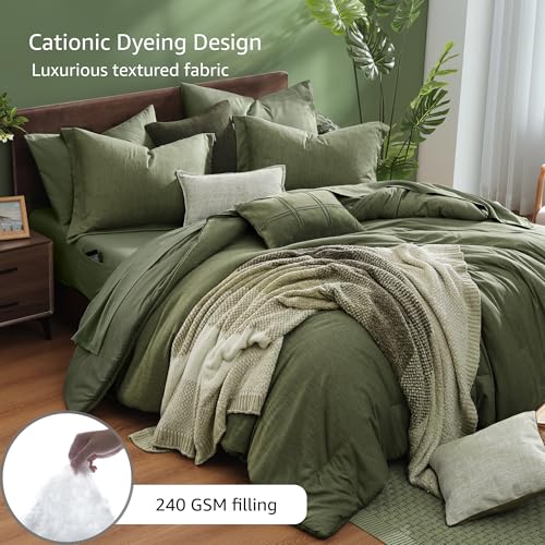 Monbix Queen Comforter Set - 7 Pieces Cationic Dyeing Olive Green Bed in a Bag Queen Bedding Sets with Comforter, Sheets, Pillowcases & Shams, Reversible Bedding Comforters Sets Monbix