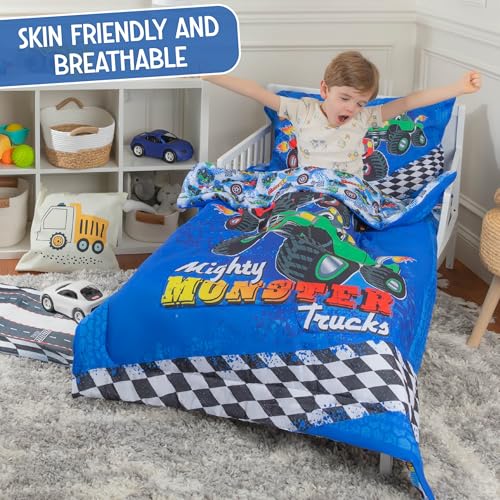 Todays Kids Monster Trucks Toddler Bedding Set for Boys - 4-Piece Toddler Bed Comforter Sets for Boys, Reversible Comforter & Pillowcase, Flat Sheet, Fitted Sheet, Breathable & Super Soft Microfiber Todays Kids