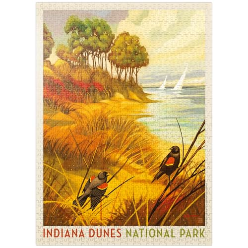 MyPuzzle Indiana Dunes National Park: Red-Winged Blackbirds, Vintage Poster - Premium 1000 Piece Jigsaw Puzzle for Adults MyPuzzle.com
