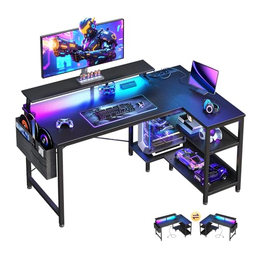 ODK 40 Inch Gaming Desk with USB Power Outlets and LED Lights, Reversible L Shaped Computer Desk with Storage Shelves & Monitor Stand, Corner Home Office Desk Table, Carbon Fiber Surface, Black ODK