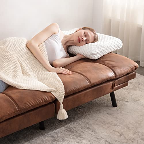 Vyfipt Futon Sofa Bed/Couch, Memory Foam Small Splitback Sofa for Living Room,Modern Loveseat with Covertible Armrests,Faux Leather/Cushion Thicker Version(Brown) Vyfipt