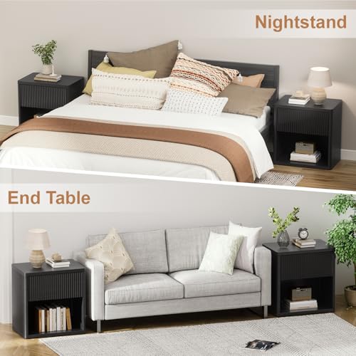 22.8" W Black Fluted Nightstand with 2 Drawers, Mid Century Modern Nightstand with Hidden Drawers, Large Night Stand, Accent End Table, Bedside Table with Open Shelf, Curved Profile Design XIAO WEI