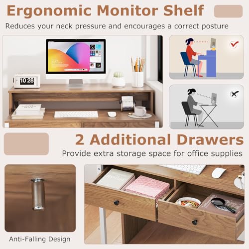 Tangkula Extendable Computer Desk with 2 Drawers, Small Writing Desk with Pull Out Secondary Desk, Console Table, Wood Study Workstation, Laptop Desk for Small Space Home & Office (Natural) Tangkula