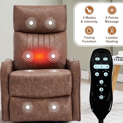 High Back Massage Recliner with Heat - Swivel Rocking Chair for Small Spaces, Manual Lazy Boy Recliner for Adults, Perfect for Living Room & Bedroom, Soft Fabric (Brown)