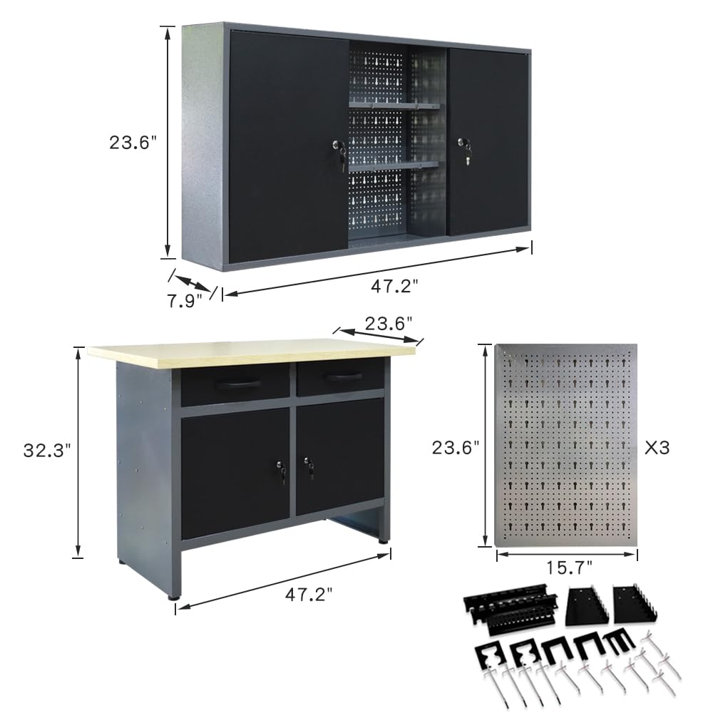 Industrial Steel Garage Storage Cabinet System, Included Pegboard Wall Cabinet Wood Table Top, for Auto Repair Shops, Utility Room JZD
